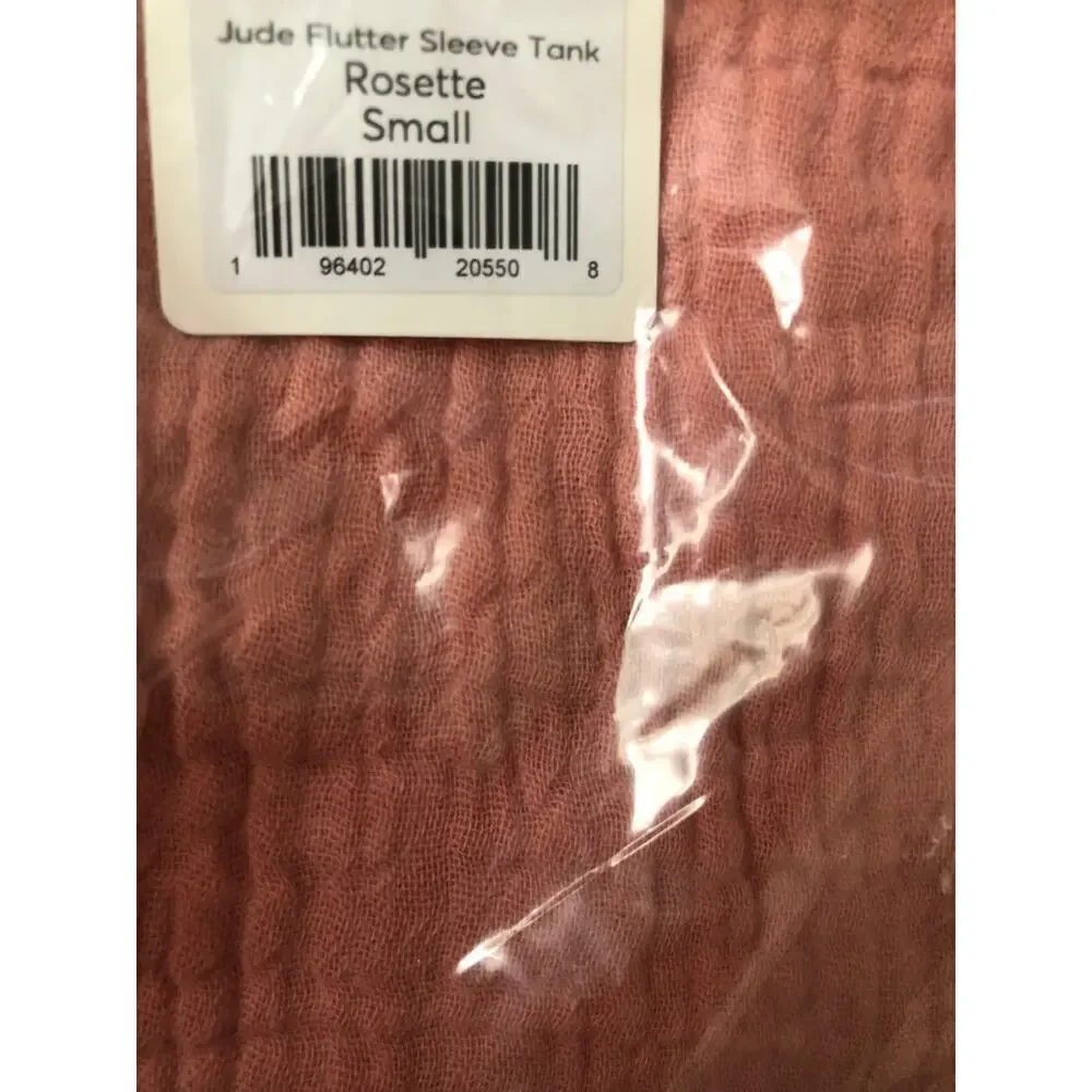 Marine Layer Jude Tank Top Flutter Sleeve Crinkled Cotton Rosette Pink NWT XL - Picture 7 of 8